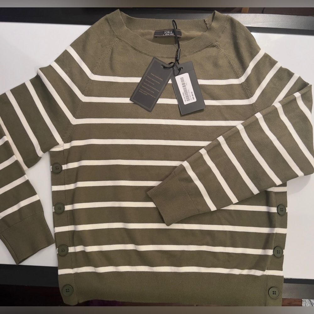 IORA Singapore NWT Army Green & White Striped Sweater Ladies Large